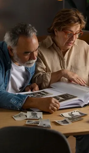 An older couple looking through family photographs