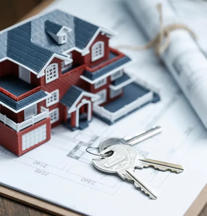 A model house with keys resting on estate planning documents